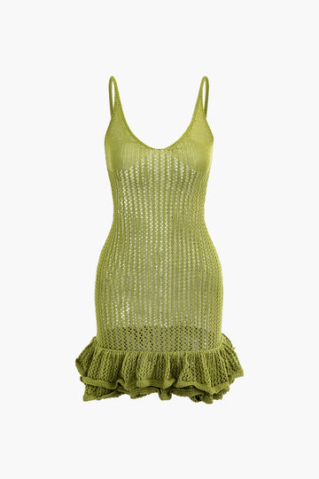 Solid Color Open Knit Ruffle Hem Cami Mini Dress