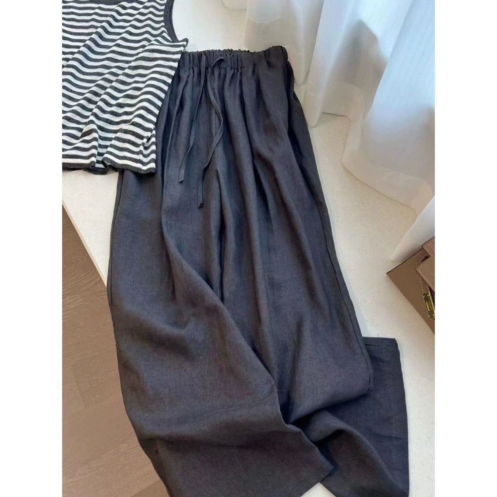 Wide Leg Linen Pants with Drawstring for Women - Monica