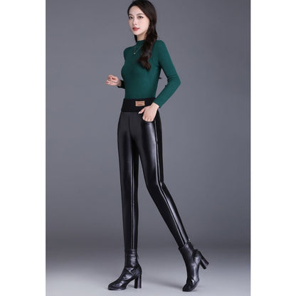Black Fleece Lined Leggings with High Waistband for Women - Fatima