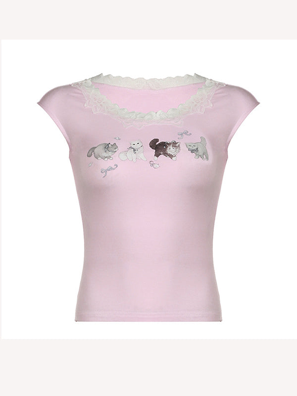 Y2K Cute Cat Print Lace Trim Short Sleeve Tee