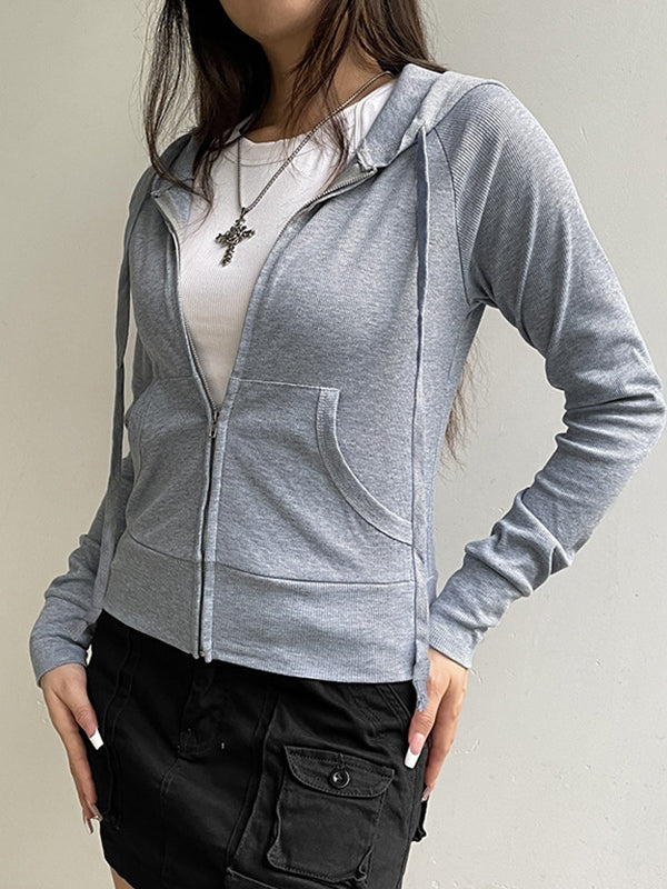 Grey Vintage Ribbed Zip Up Drawstring Long Sleeve Hoodie