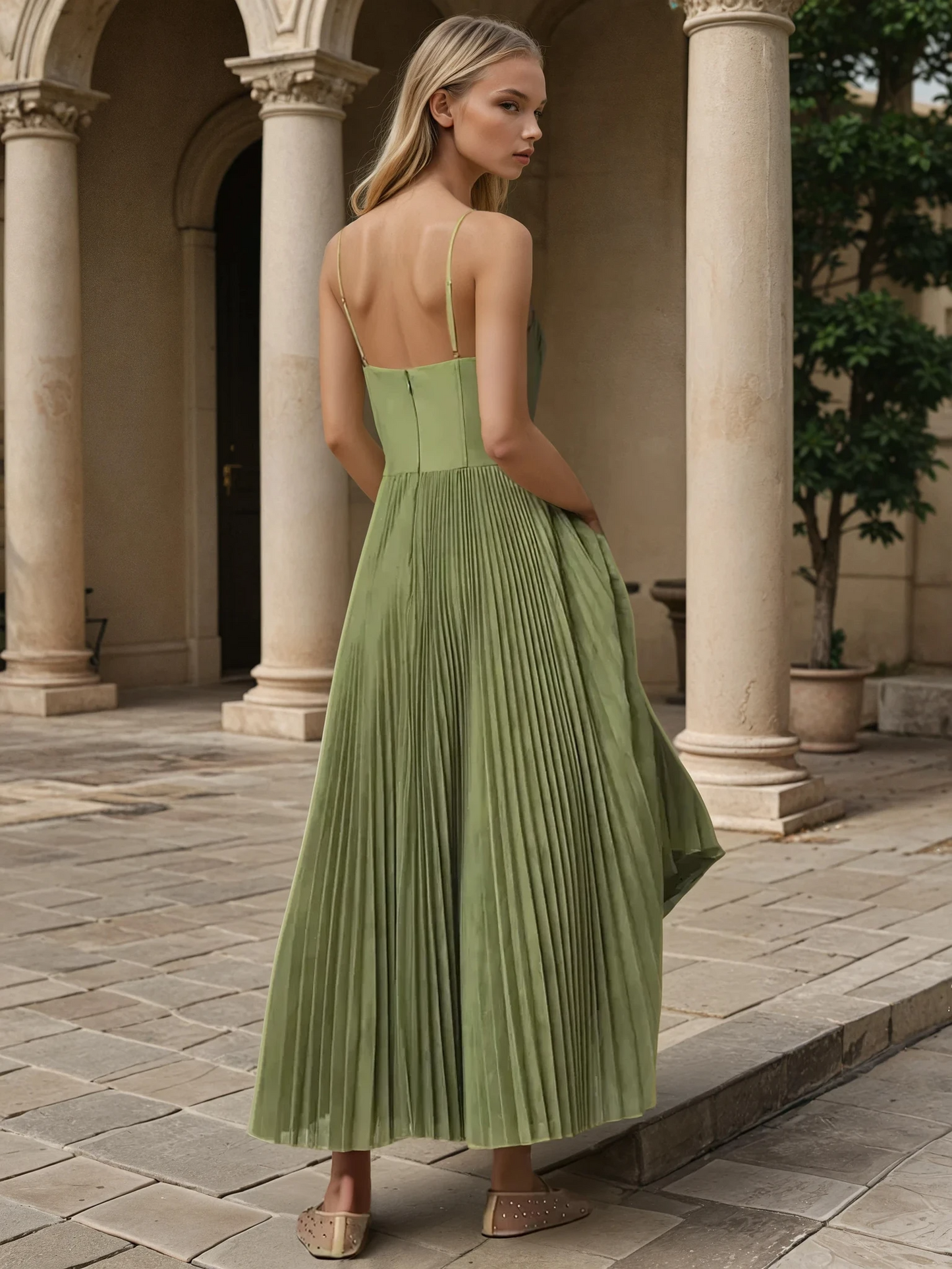 Sage Green Maxi Dress with Pleated Skirt for Women - Gisella