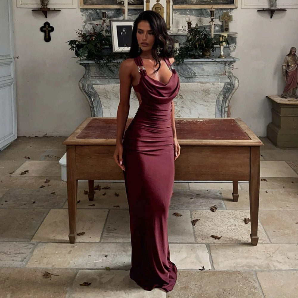 Burgundy Maxi Dress with Draped Neckline for Women - Rosella