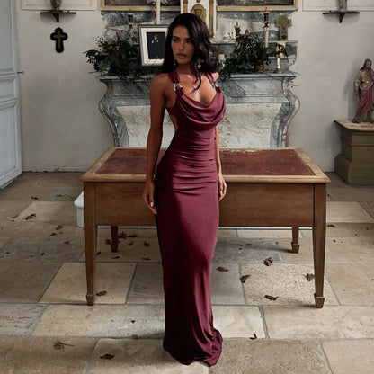 Burgundy Maxi Dress with Draped Neckline for Women - Rosella