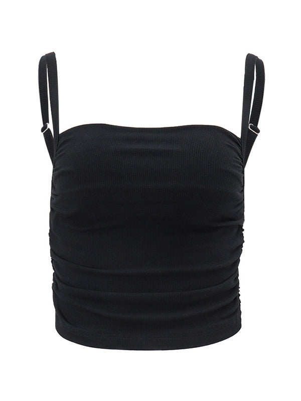 Black Vintage Pleated Backless Slim Cami Top