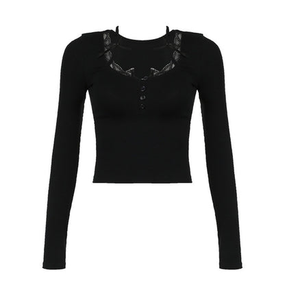 Black Long Sleeve Lace Trim Button Top for Women - Milena