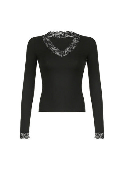 Classic Black V Lace Stitching Long Sleeve Tee