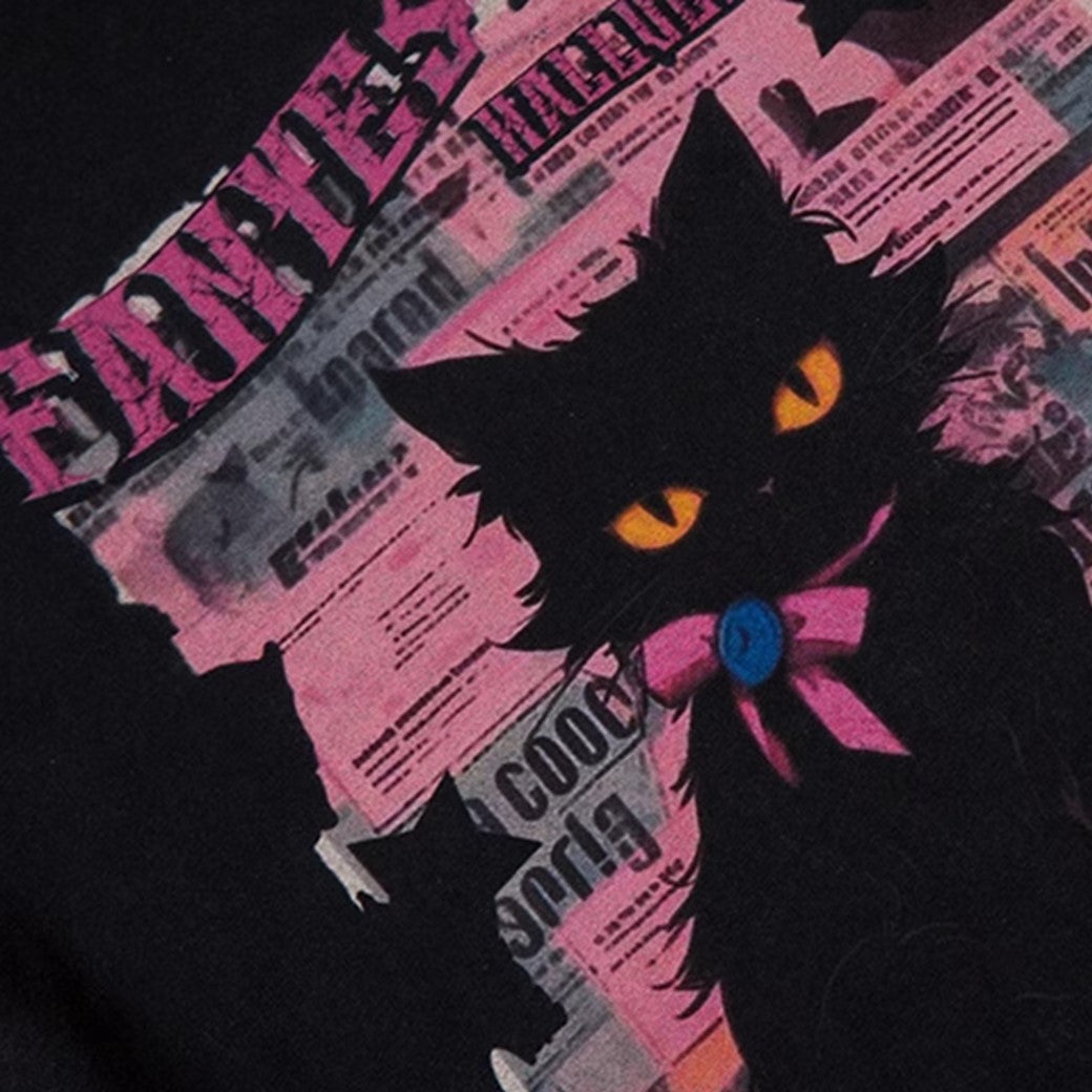 Camiseta de manga corta con estampado de gato Y2k en color de contraste