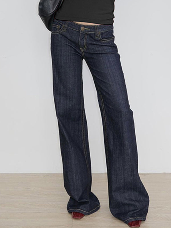 Dark Blue Basic Low Waist Flare Jeans