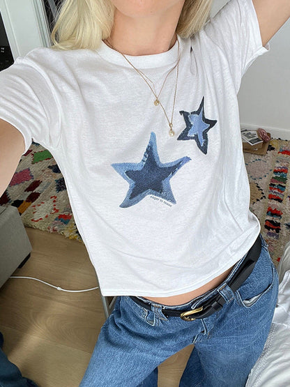 White Y2K Star Print Short Sleeve Tee