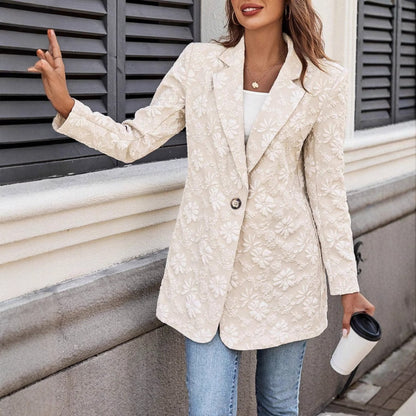 Beige Floral Embroidered Long Sleeve Blazer Jacket for Women - Morena