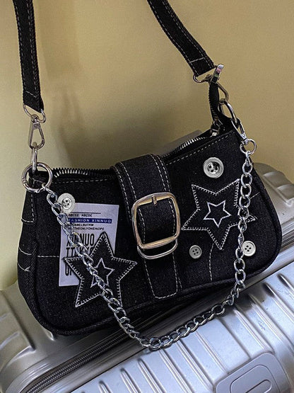 Bolso de hombro de mezclilla Y2K negro con estrella parchada