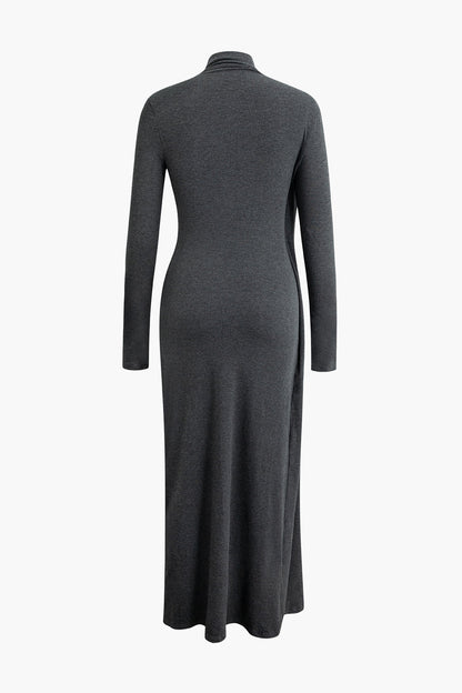 Vintage Mock Neck Wrap Ruched Long Sleeve Slit Maxi Dress