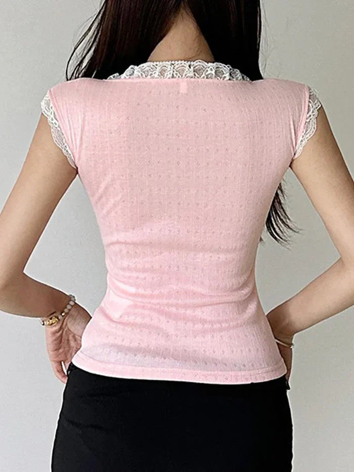 Pink Vintage Lace Trim Bow Slim Crop Top with Square Neck