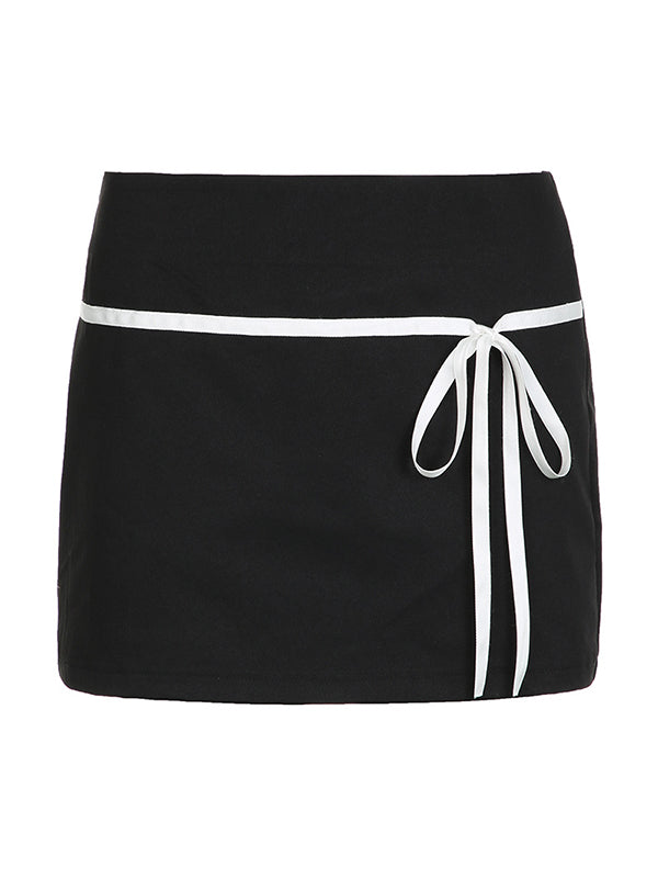 Contrast Vintage Bow Splice Low Rise Mini Skirt with Tie Up