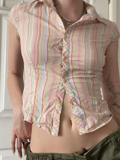 Pink Vintage Striped Slim Short Sleeve Shirt