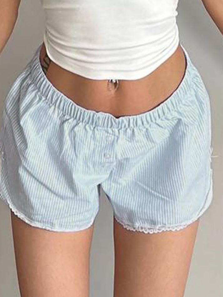 Blue Bow Lace Patchwork Striped Shorts