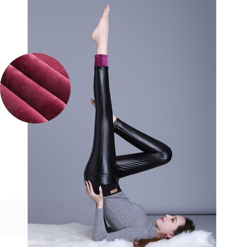 Black Fleece Lined Leggings with High Waistband for Women - Fatima