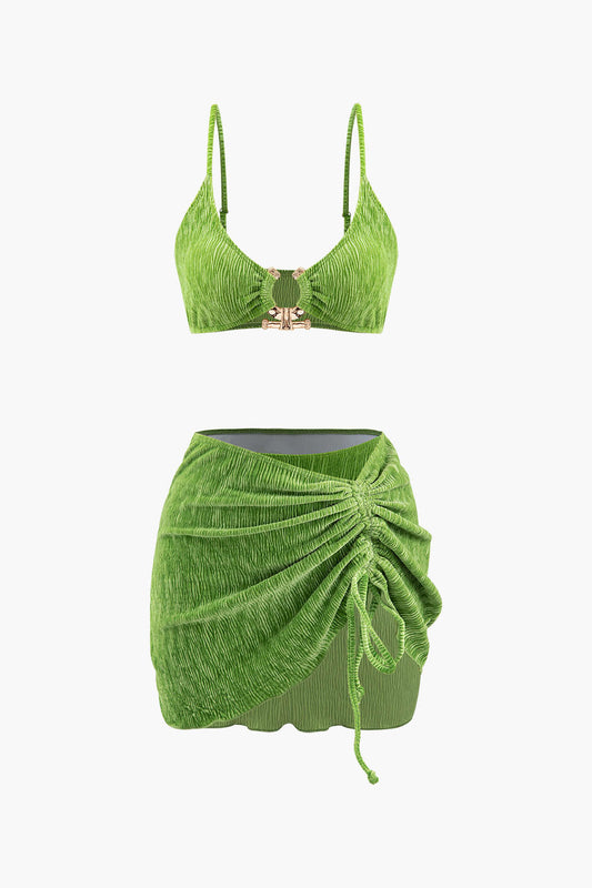 Color sólido Vintage Velvet Textured U-Ring Bikini y Sarong 3pc Set