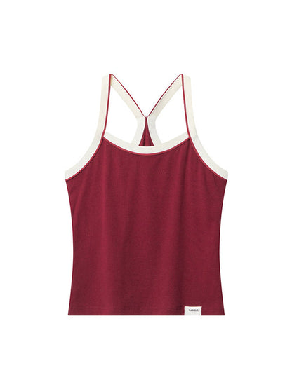 Red Retro Splicing Plain Backless Tank Top