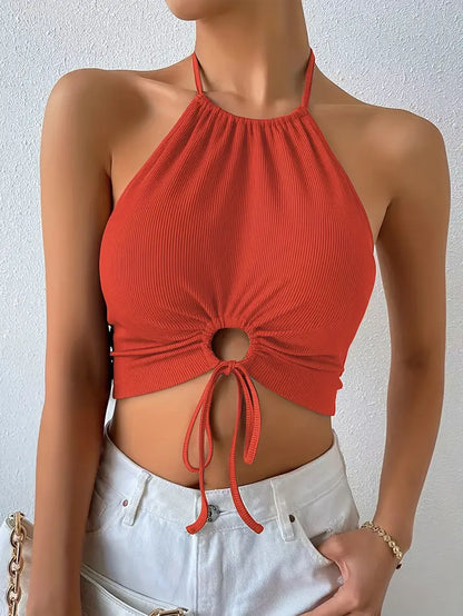 Camiseta sin mangas con cuello halter, espalda descubierta y lazo en forma de aro en color rojo Y2K 