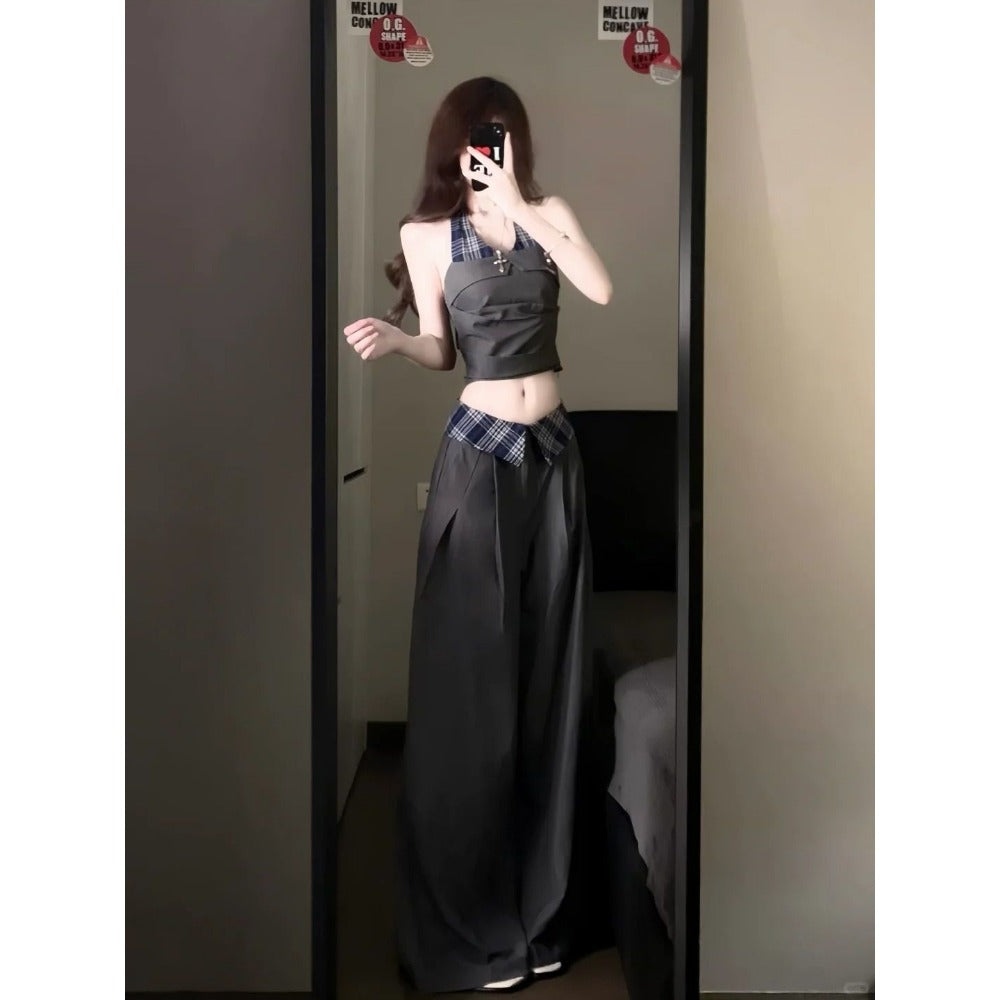 Black Halter Crop Top and Wide Leg Pants Set for Women - Benedetta