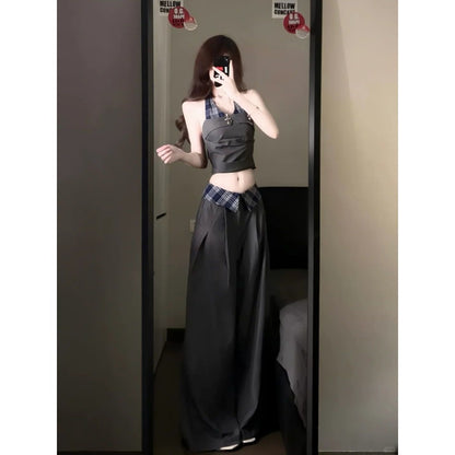 Black Halter Crop Top and Wide Leg Pants Set for Women - Benedetta