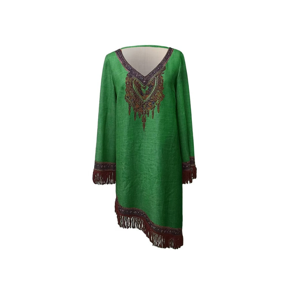 Embroidered Bohemian Mini Dress with Fringe for Women - Patrizia