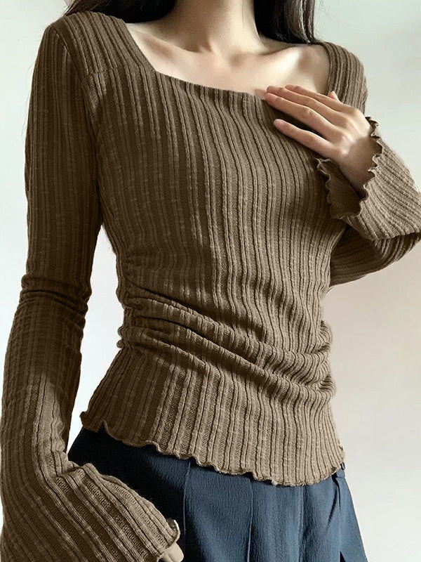 Coffee Vintage Square Neck Flare Sleeve Slim Knit