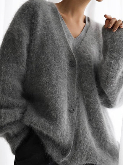 90s Gray Imitation Mink Knitted Sweater Cardigan