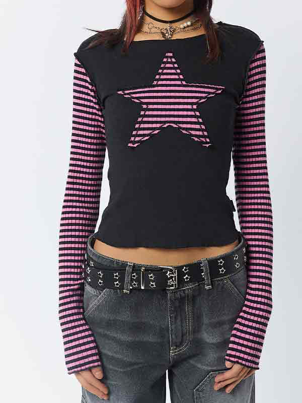 Y2k Striped Star Print Patchwork Slim Long Sleeve Tee