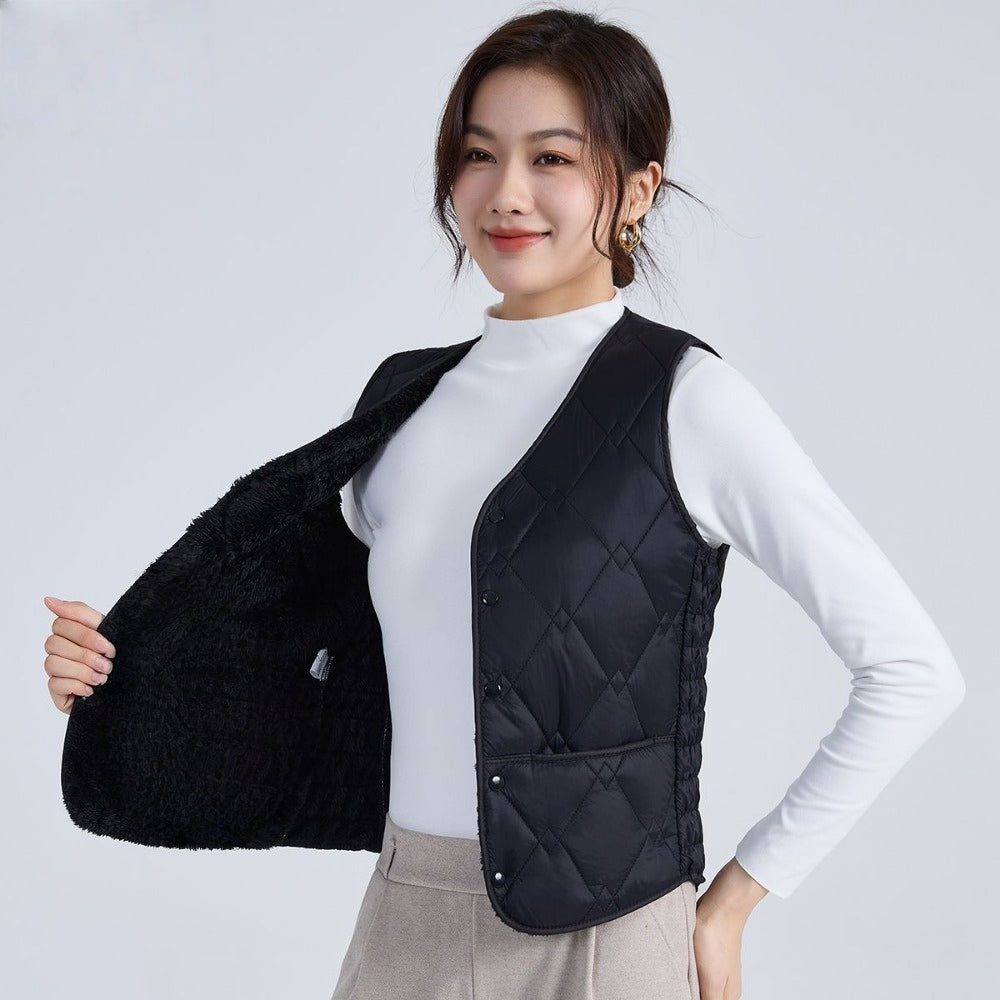 Quilted Puffer Vest with Button Closure for Women - Melissa