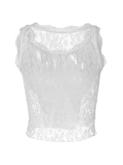 White Sweet Lace Trim Splice Tank Top