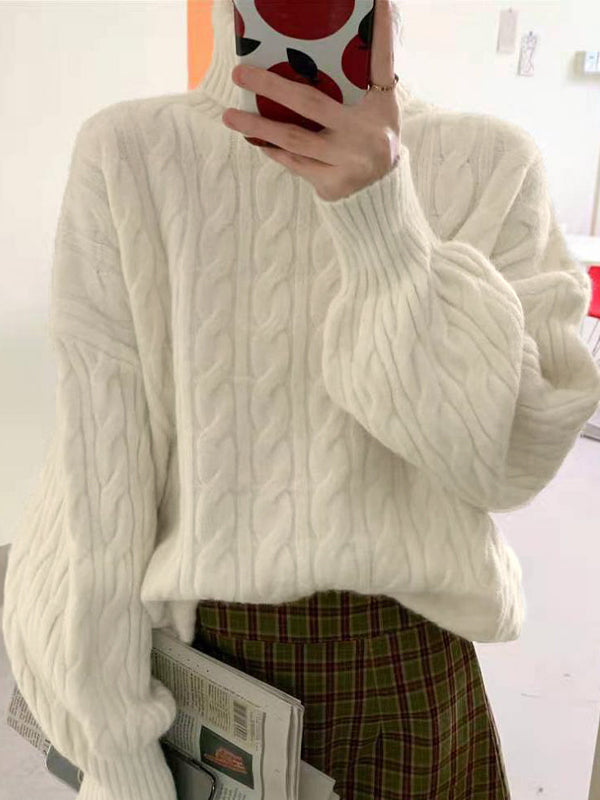 Classic Solid High Neck Cable Knit Sweater