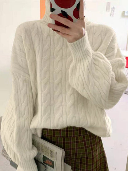 Classic Solid High Neck Cable Knit Sweater