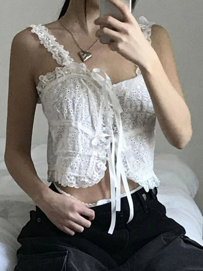 Top camisola con encaje jacquard de Fairycore blanco con empalmes de encaje