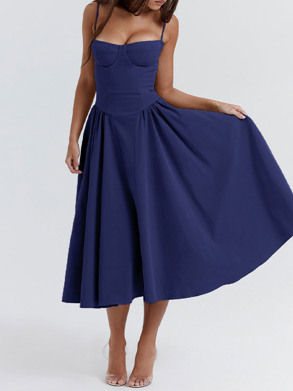 Vestido midi de tirantes estilo vintage azul marino