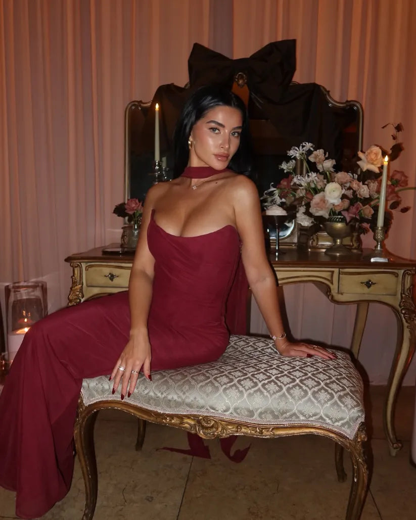 Strapless Maxi Dress with Scarf Detail for Women - Amalia