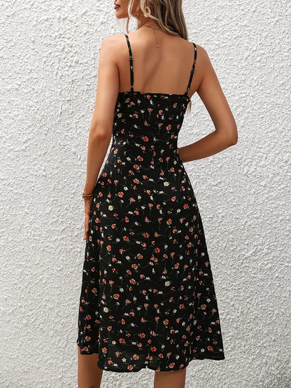 French Ditsy Floral Print Dress with Split