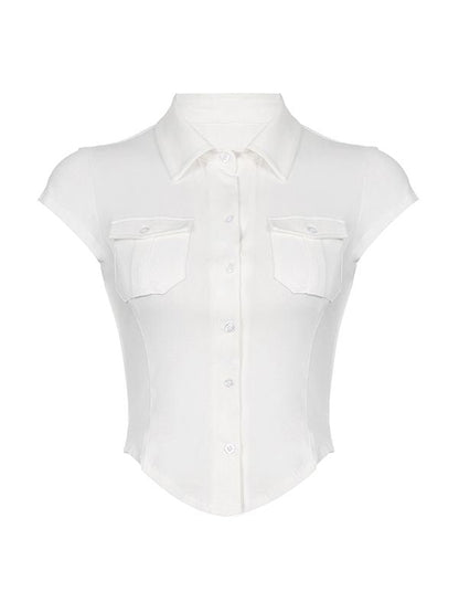 White Y2K Pocket Button Down Cropped Blouse