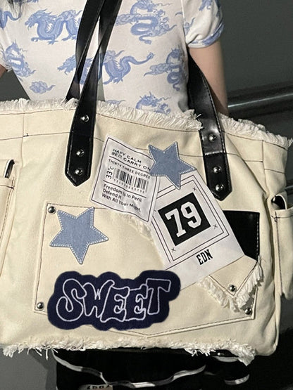 Y2K Large Sticker Canvas Bag with Star Patches