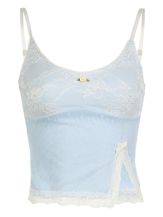 Blue Y2K Lace Splicing Split Cami Tank Top