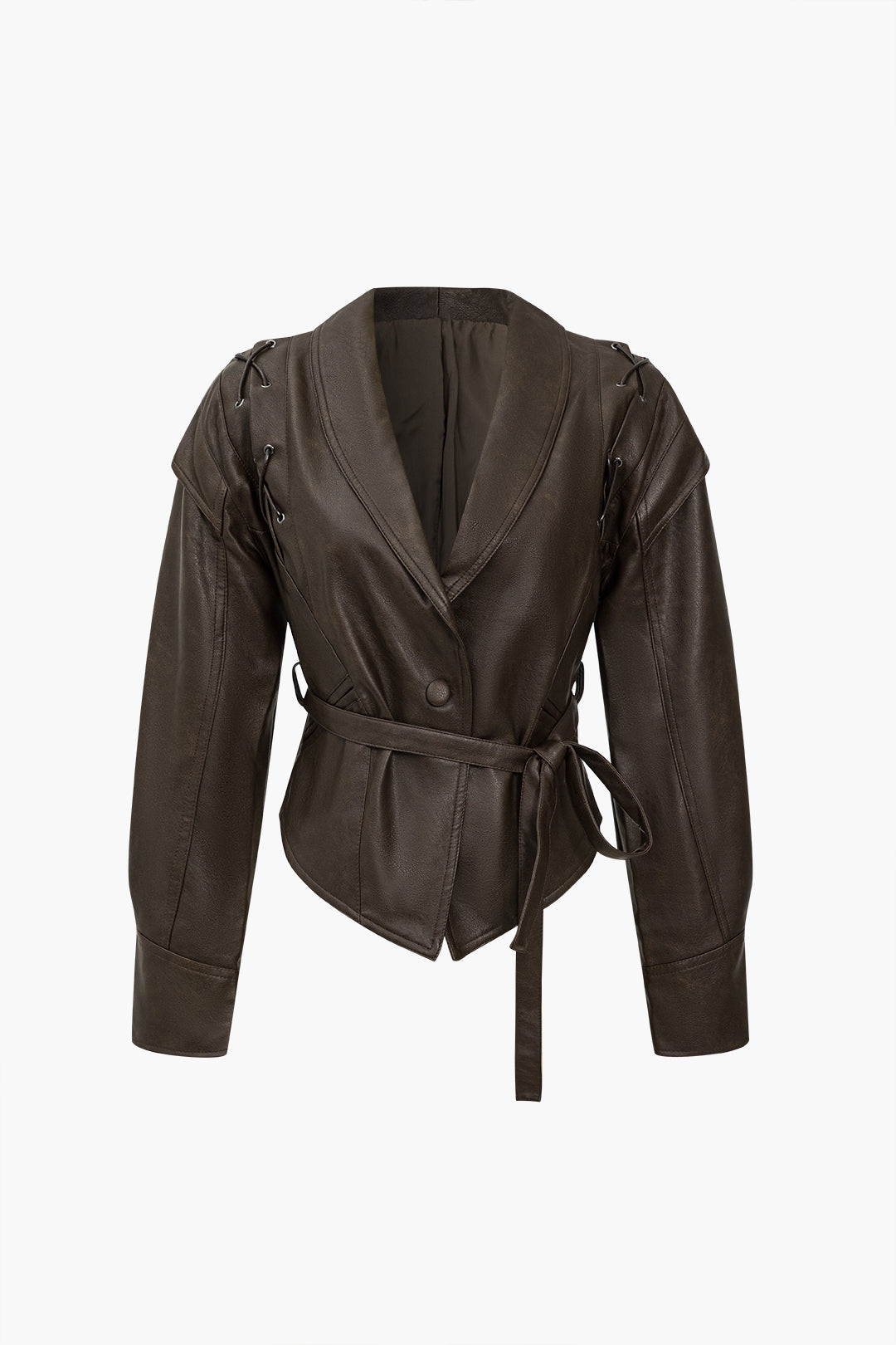 Faux Leather Tie Front Crossed Button Jacket