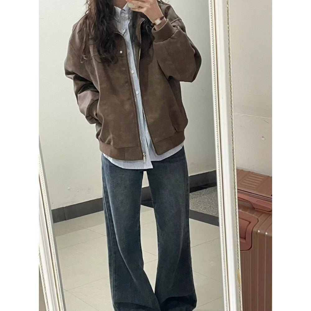 Brown Faux Leather Bomber Jacket with Zipper for Women - Elisa