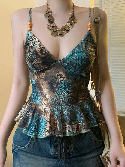 Green American Vintage Print Beading Cami Top