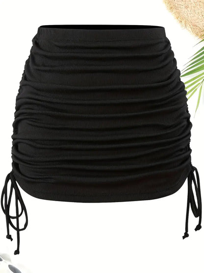 Black Vintage Drawstring Tie Side Beach Skirt