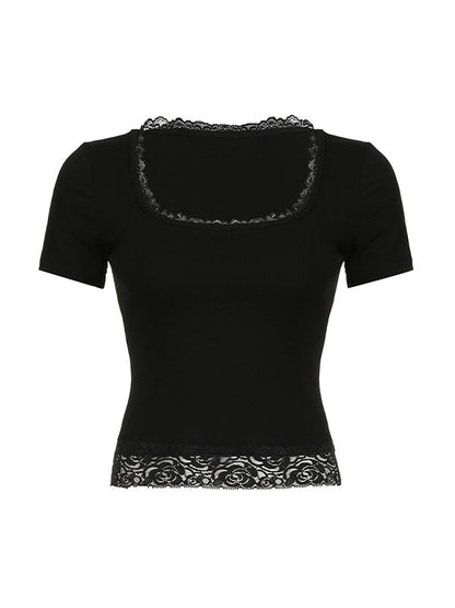 Square Neck Short Sleeve Crop Top with Lace Trim Splice