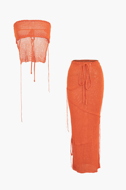 Solid Color Vintage Crochet Backless Tube Top and Split Skirt Set