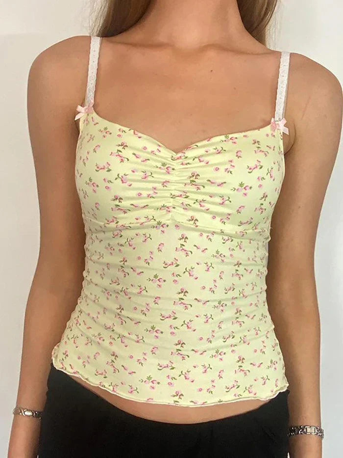 Gelbes Y2K Rüschen Crop Top mit Blumenmuster