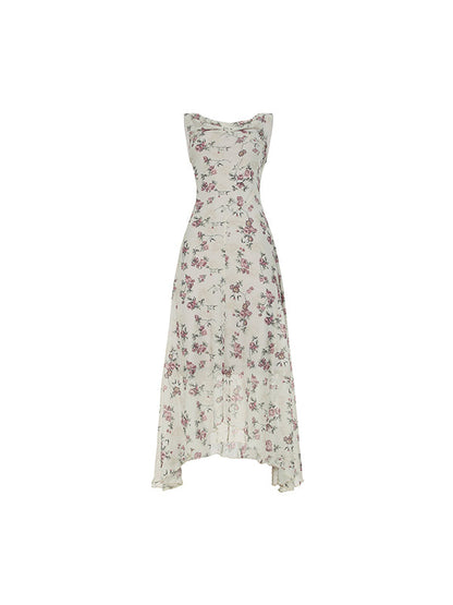 Beige Y2k Floral Irregular Holiday Style Maxi Dress